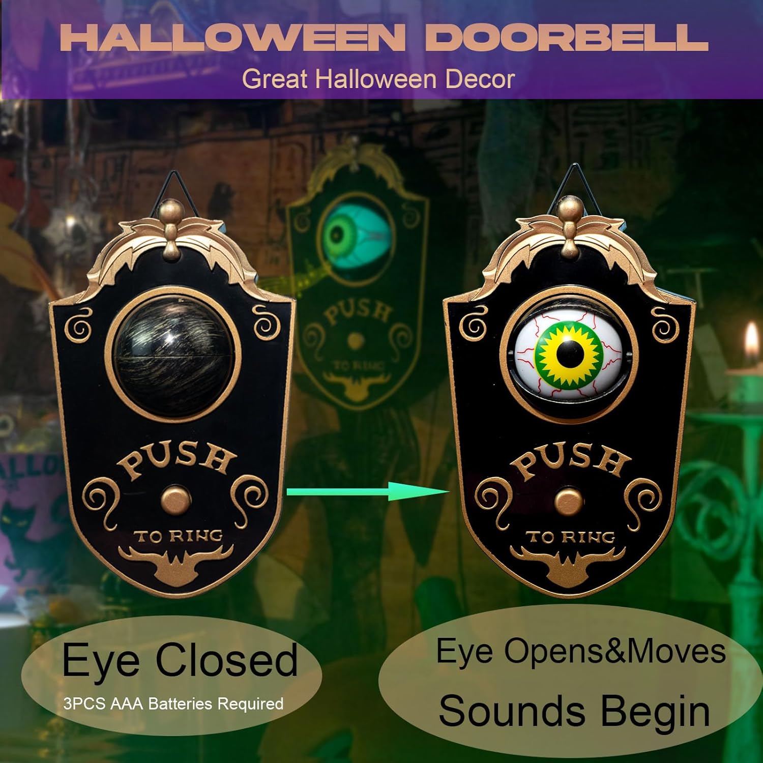 Halloween Haunted Eyeball Doorbell,  Halloween Decoration with Spooky Sounds & Lightup Eye, Trick or Treat for Halloween House Decor