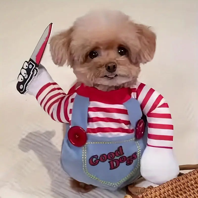 Unisex Funny Pet Costume with Knife Prop - Winter Warm Polyester Outfit for Medium Dogs & Cats,