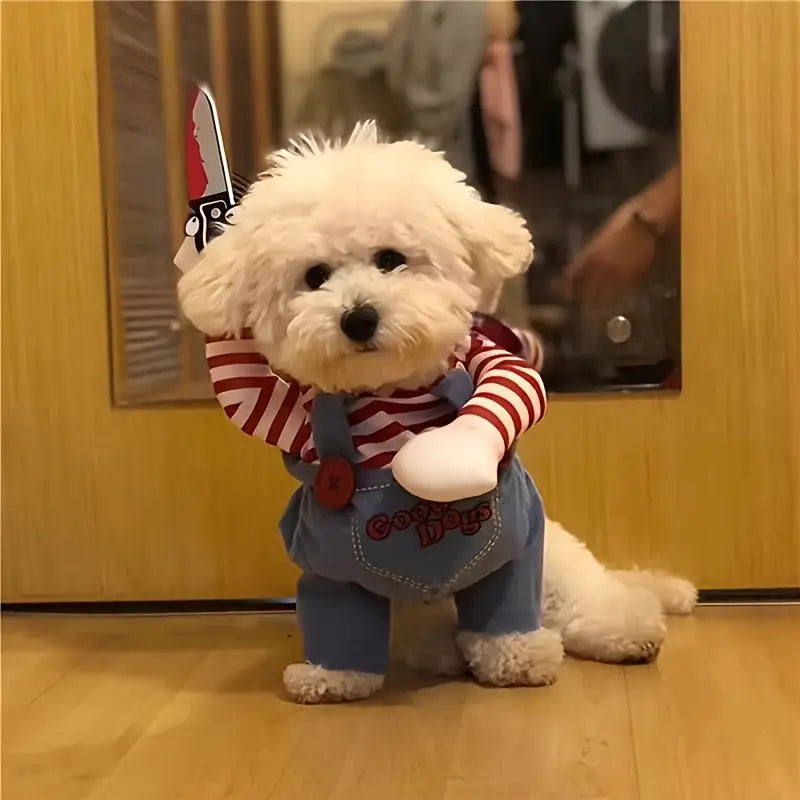 Unisex Funny Pet Costume with Knife Prop - Winter Warm Polyester Outfit for Medium Dogs & Cats,